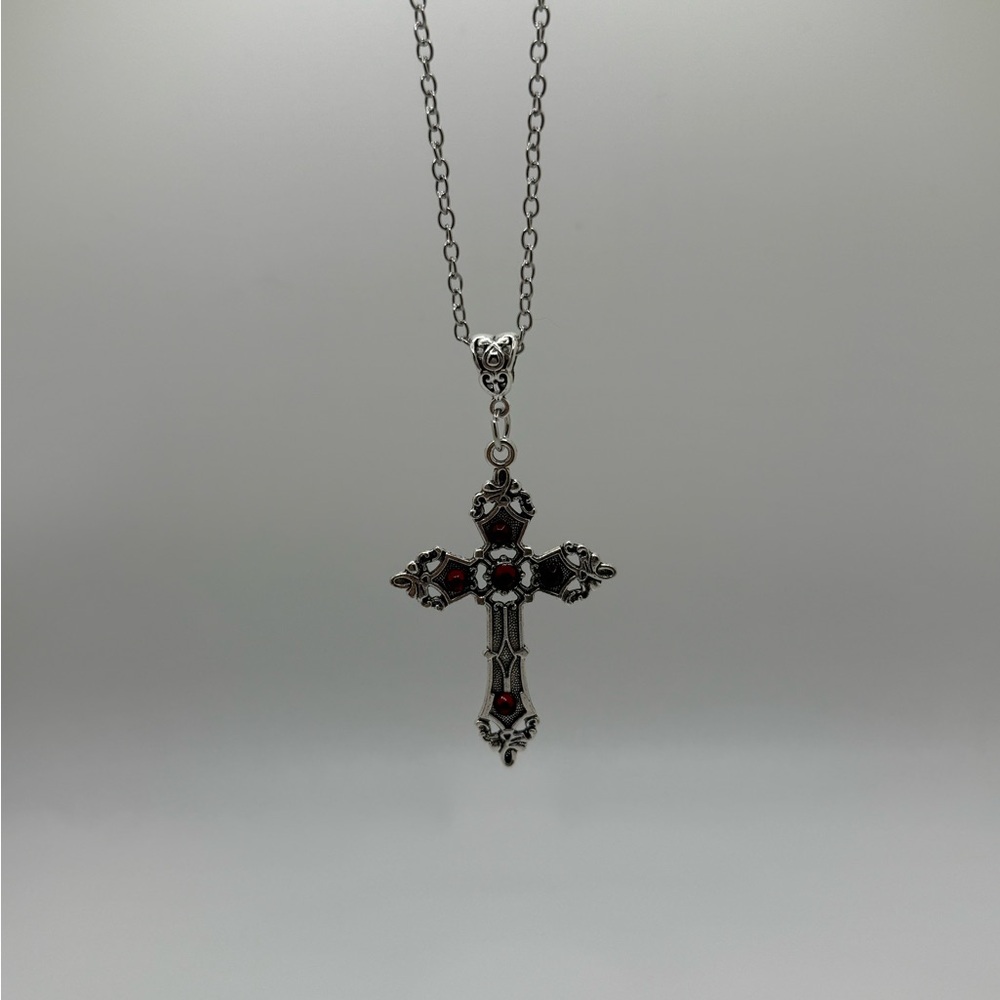 Elegant Silver and Red Cross Pendant Necklace